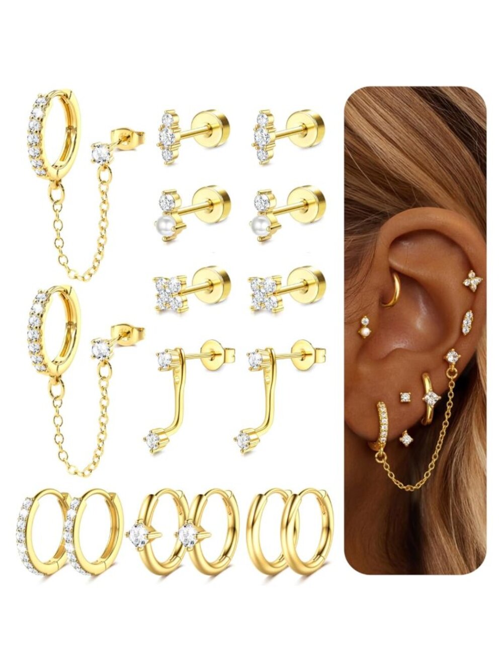 14K Gold Plated Flat Back Stud Earrings Hypoallergenic Stainless Steel Earring